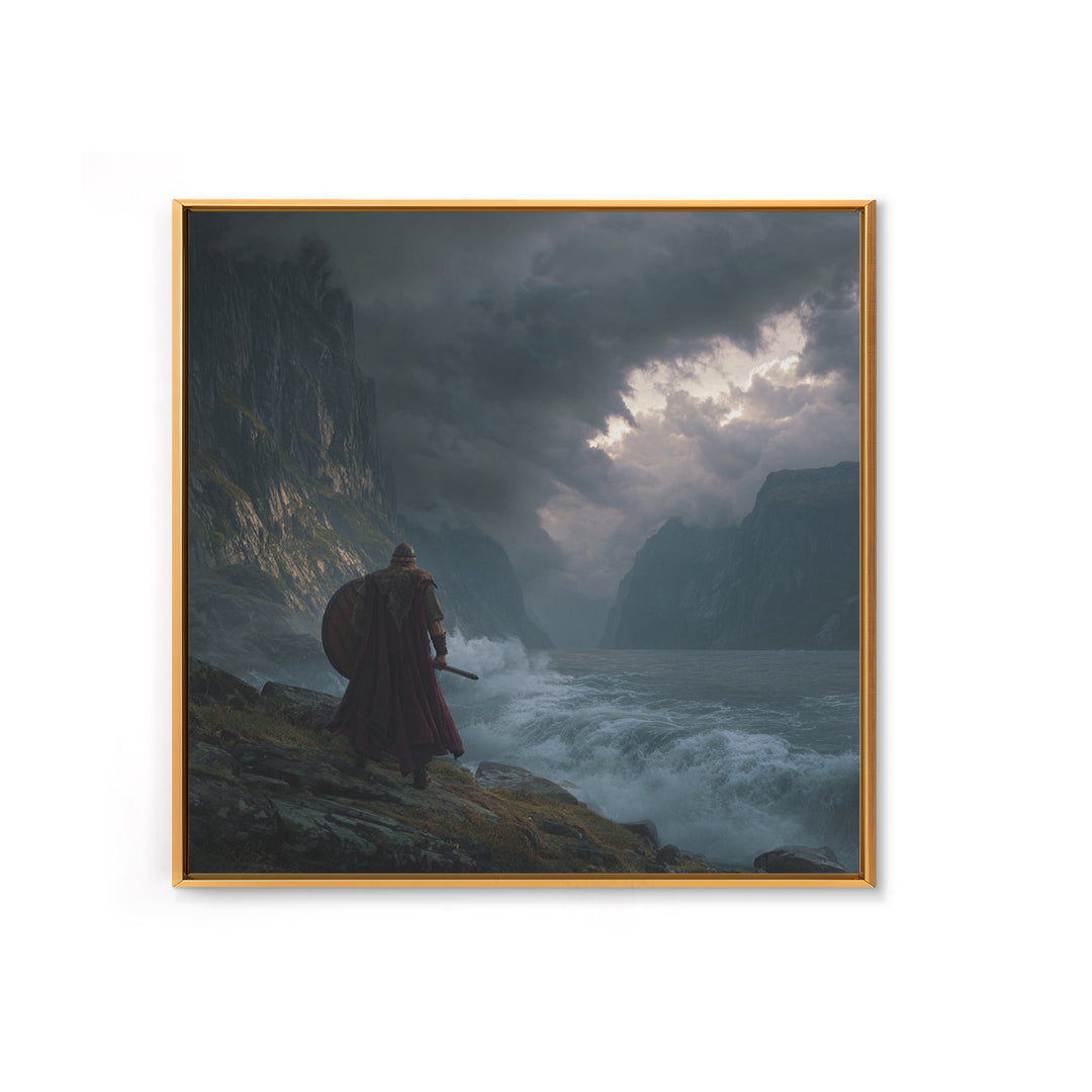 Viking Warrior Over Stormy Fjord Wall Art, Nordic Landscape Canvas Print, Moody Seascape, Nautical Decor, Gift For Him, Coastal Wall Art