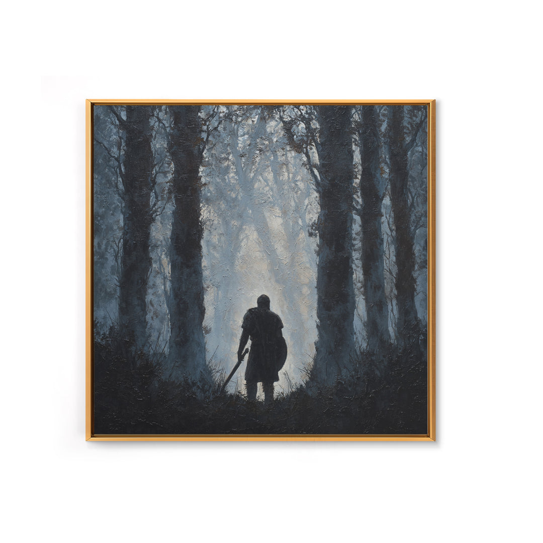 Dark Warrior In Misty Forest Wall Art, Medieval Fantasy Oil Painting, Moody Landscape Print, Gothic Home Decor Gift For Him