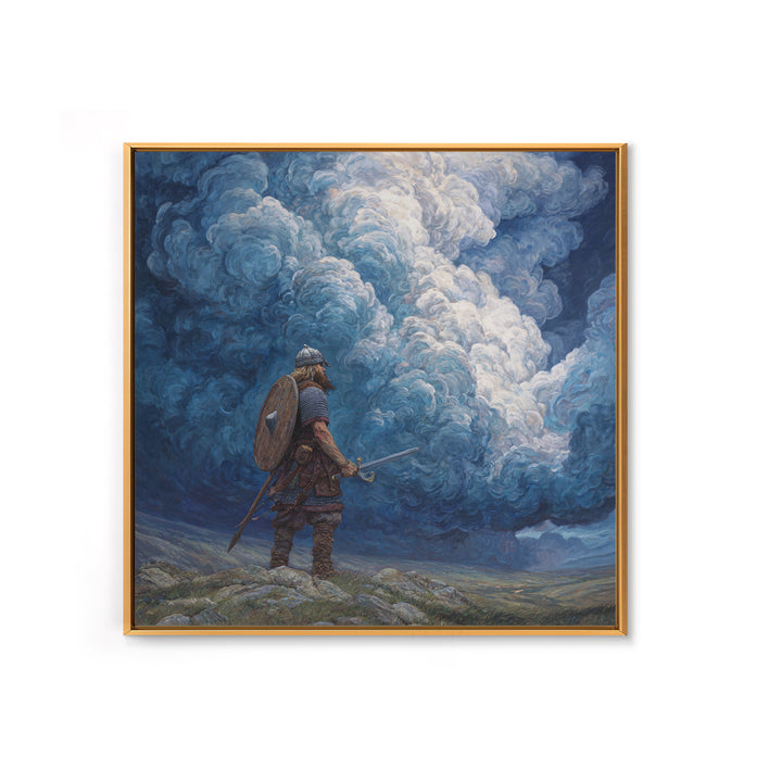 Viking Warrior Beneath Storm Clouds Wall Art, Nordic Fantasy Landscape, Dramatic Blue Canvas Print, Masculine Rustic Decor