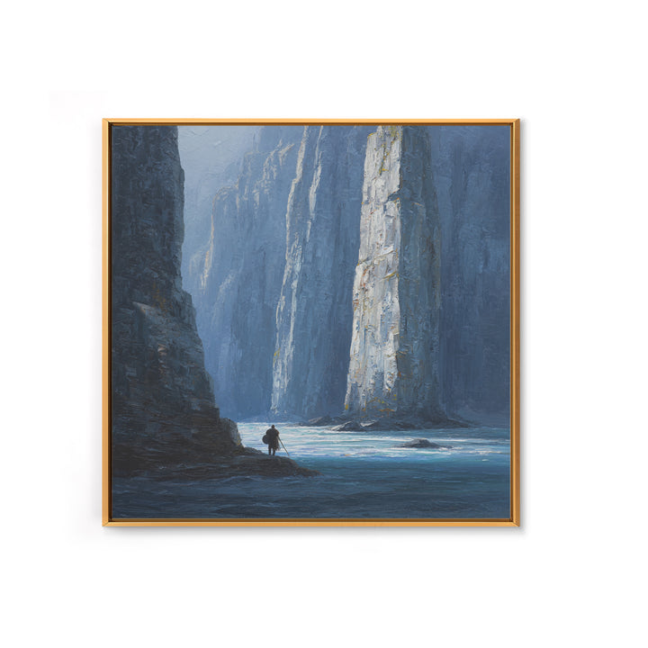 Lone Traveler In Blue Canyon Canvas Print, Misty Cliff Landscape Painting, Moody Nature Wall Art For Living Room Decor Gift