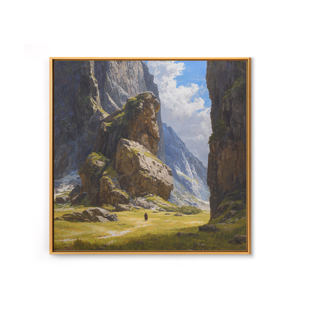 Majestic Alpine Canyon With Lone Traveler Wall Art, Mountain Landscape Painting, Nature Canvas Decor, Large Living Room Art