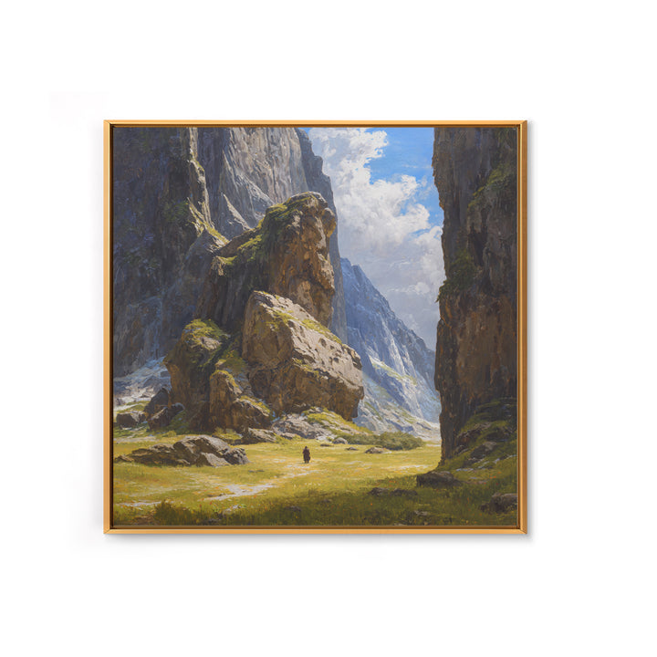 Majestic Alpine Canyon With Lone Traveler Wall Art, Mountain Landscape Painting, Nature Canvas Decor, Large Living Room Art