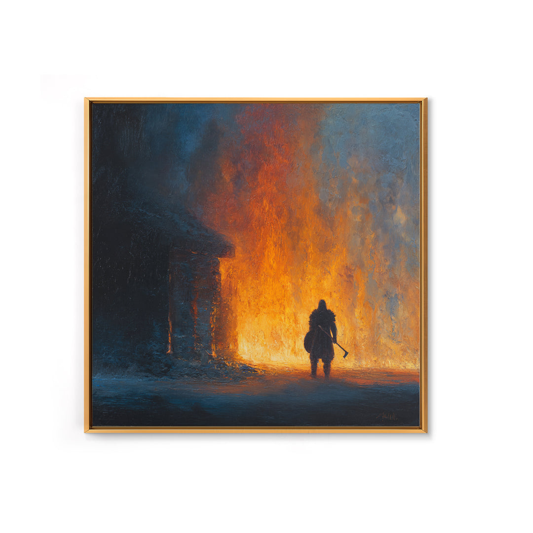 Lone Warrior Before Blazing Hall Wall Art, Dark Fantasy Fire Painting, Medieval Battle Decor, Moody Canvas Art Gift For Him