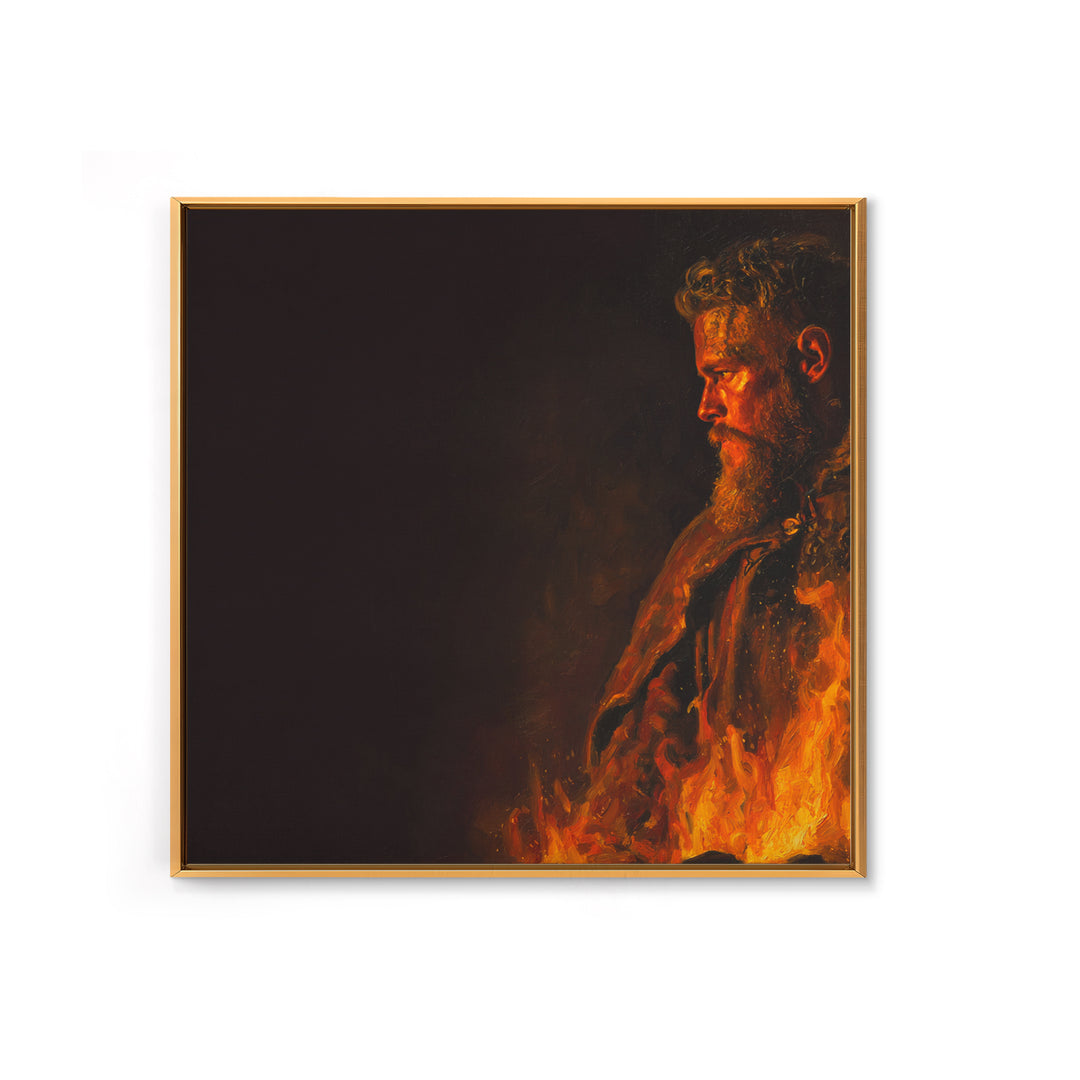 Fiery Viking Warrior Portrait Canvas Print, Bold Dark Norse Painting, Masculine Wall Art, Moody Fantasy Decor Gift For Him