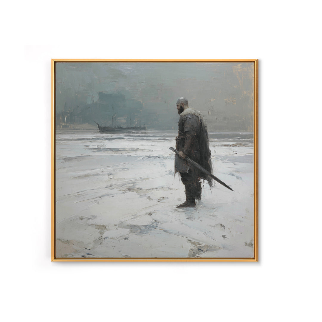 Lone Warrior With Sword In Snow Framed Canvas Print, Nordic Winter Landscape, Moody Wall Art, Dark Fantasy Office Decor Gift