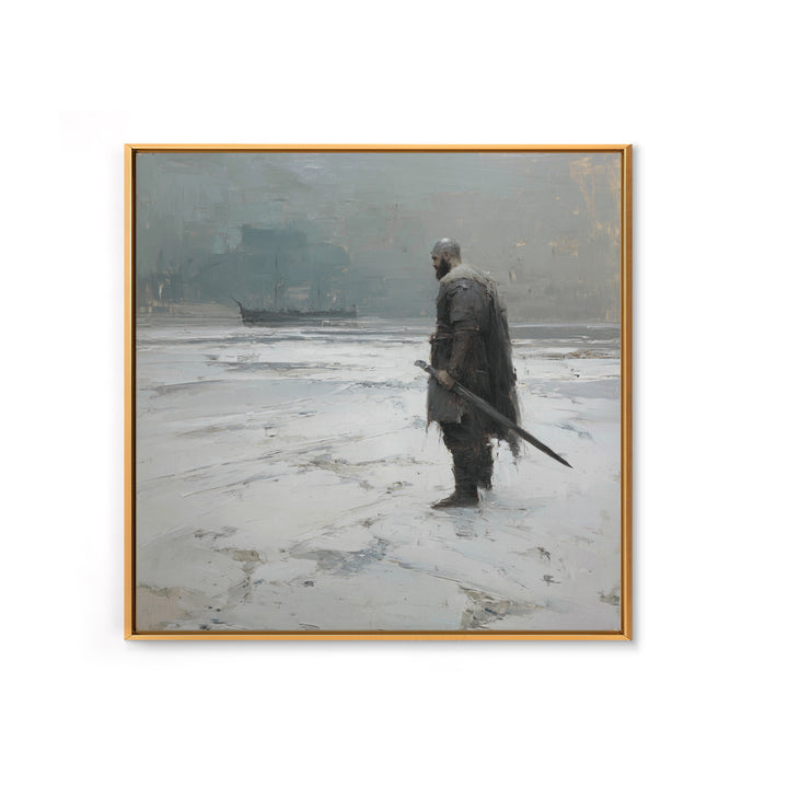 Lone Warrior With Sword In Snow Framed Canvas Print, Nordic Winter Landscape, Moody Wall Art, Dark Fantasy Office Decor Gift