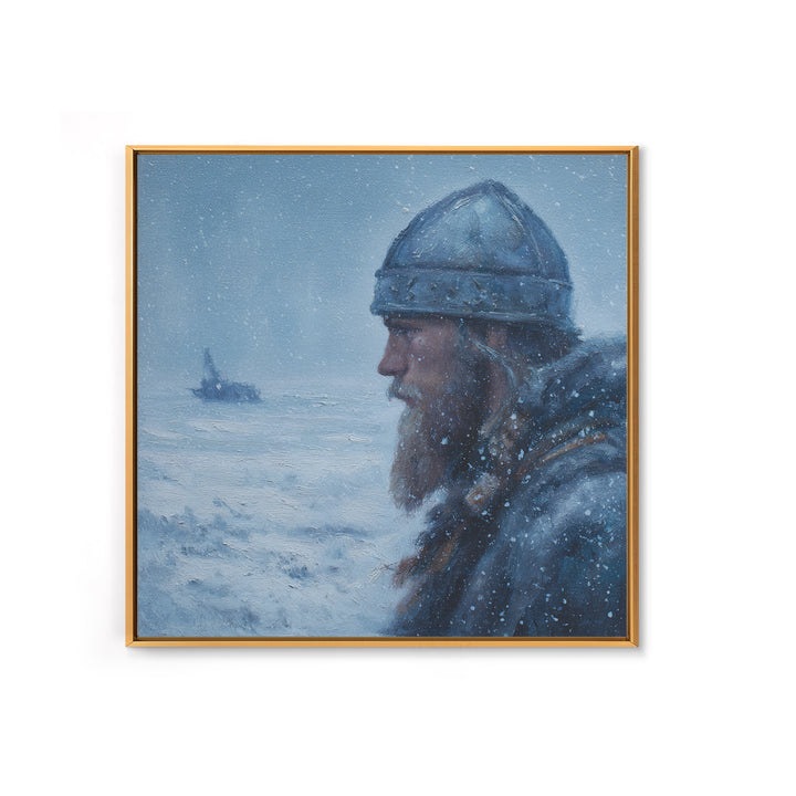 Snowy Viking Warrior Profile Wall Art, Nordic Winter Seascape Oil Painting, Norse Mythology Decor, Masculine Art Print Gift