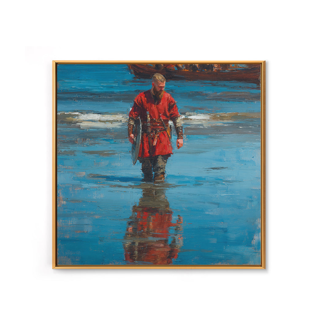 Red Viking Warrior On Shore Canvas Print, Medieval Seascape Oil Painting, Norse Wall Decor, Coastal Masculine Gift For Him