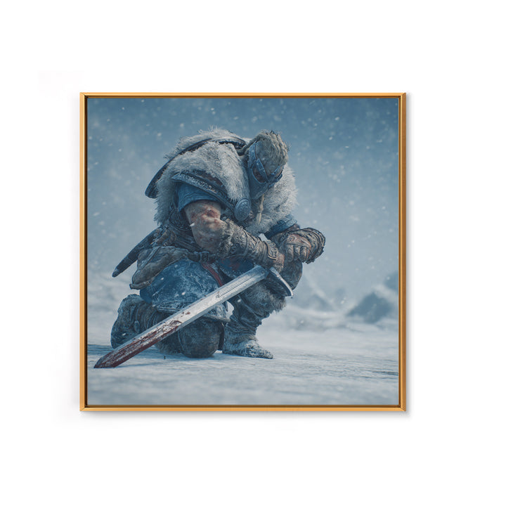 Kneeling Viking Warrior In Snow Framed Canvas Print, Nordic Wall Art, Fantasy Sword Decor, Winter Battle Gift For Him, Man Cave Decor