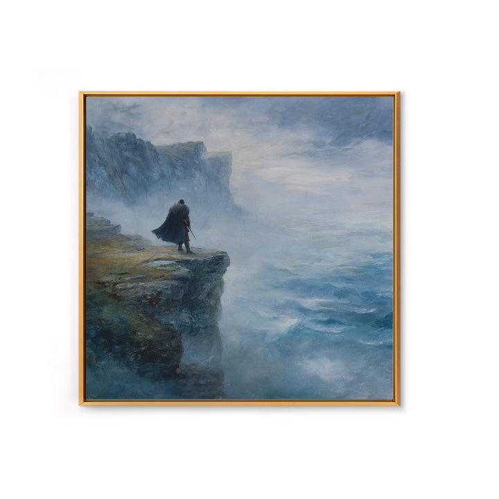 Cloaked Wanderer On Misty Sea Cliff Wall Art, Moody Coastal Landscape Oil Painting, Nordic Fantasy Home Decor For Living Room