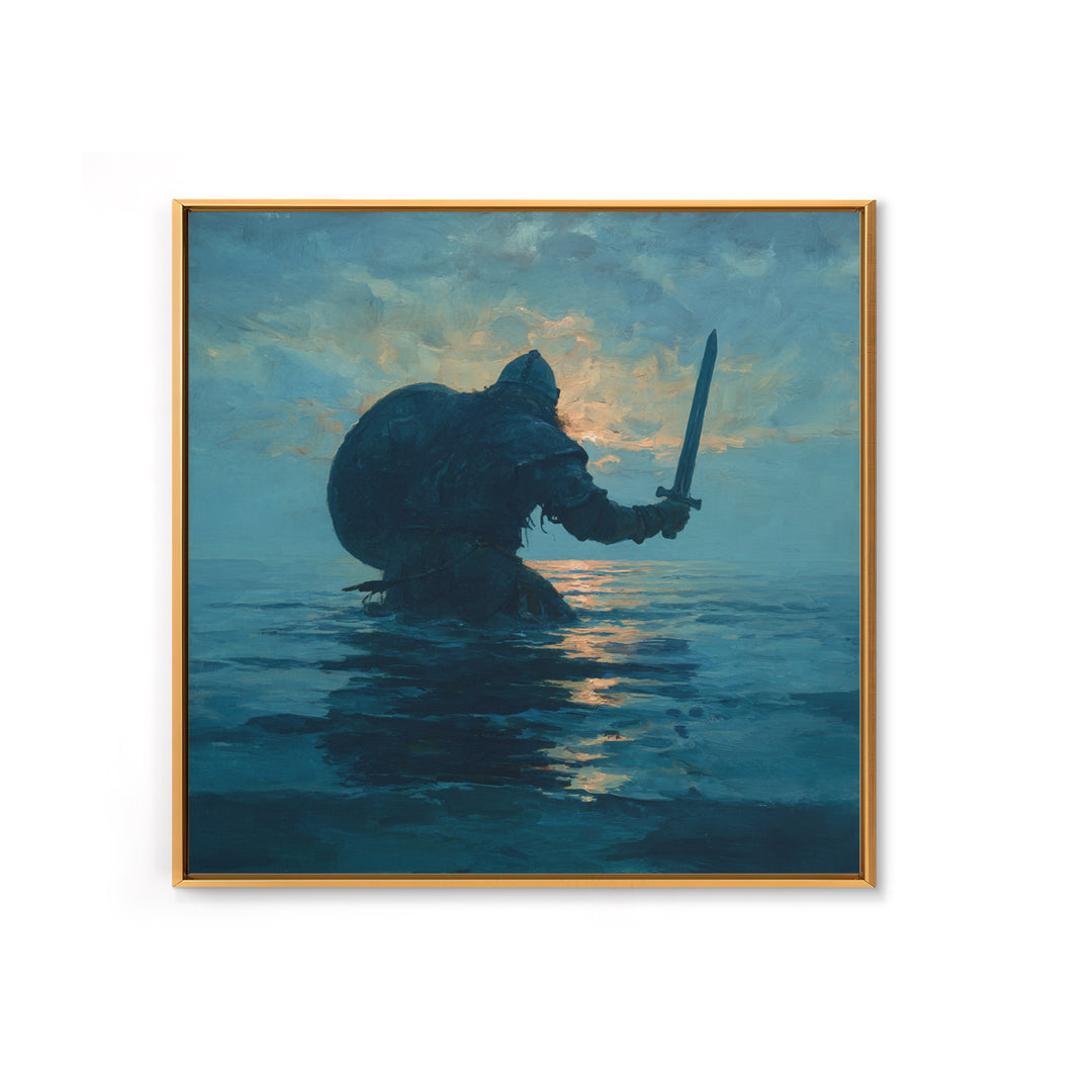 Lone Warrior Rising From The Sea Wall Art, Blue Ocean Sword Painting, Mythic Coastal Canvas Print For Dramatic Living Room Decor
