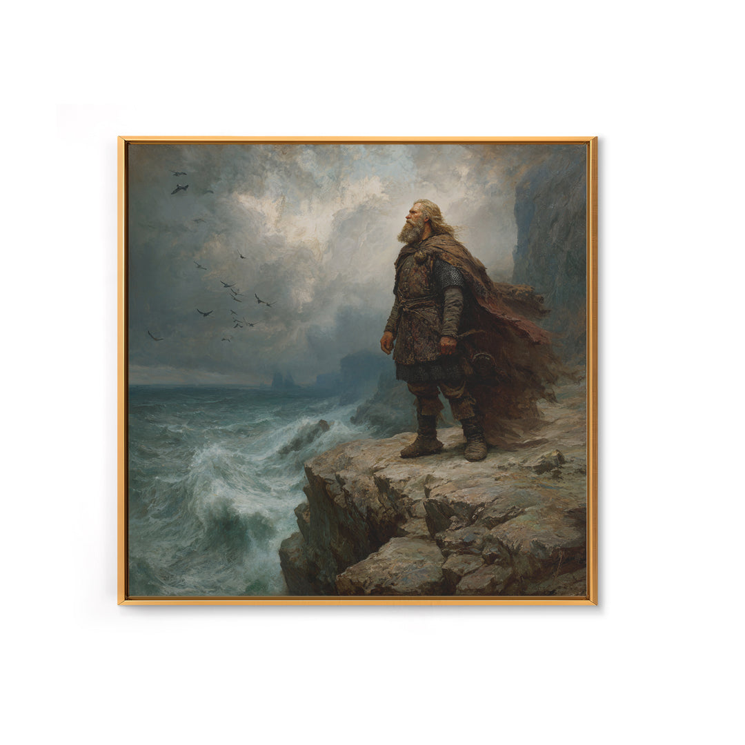 Viking Chieftain On Stormy Sea Cliff Wall Art, Moody Norse Coastal Painting, Dramatic Landscape Art, Masculine Office Decor