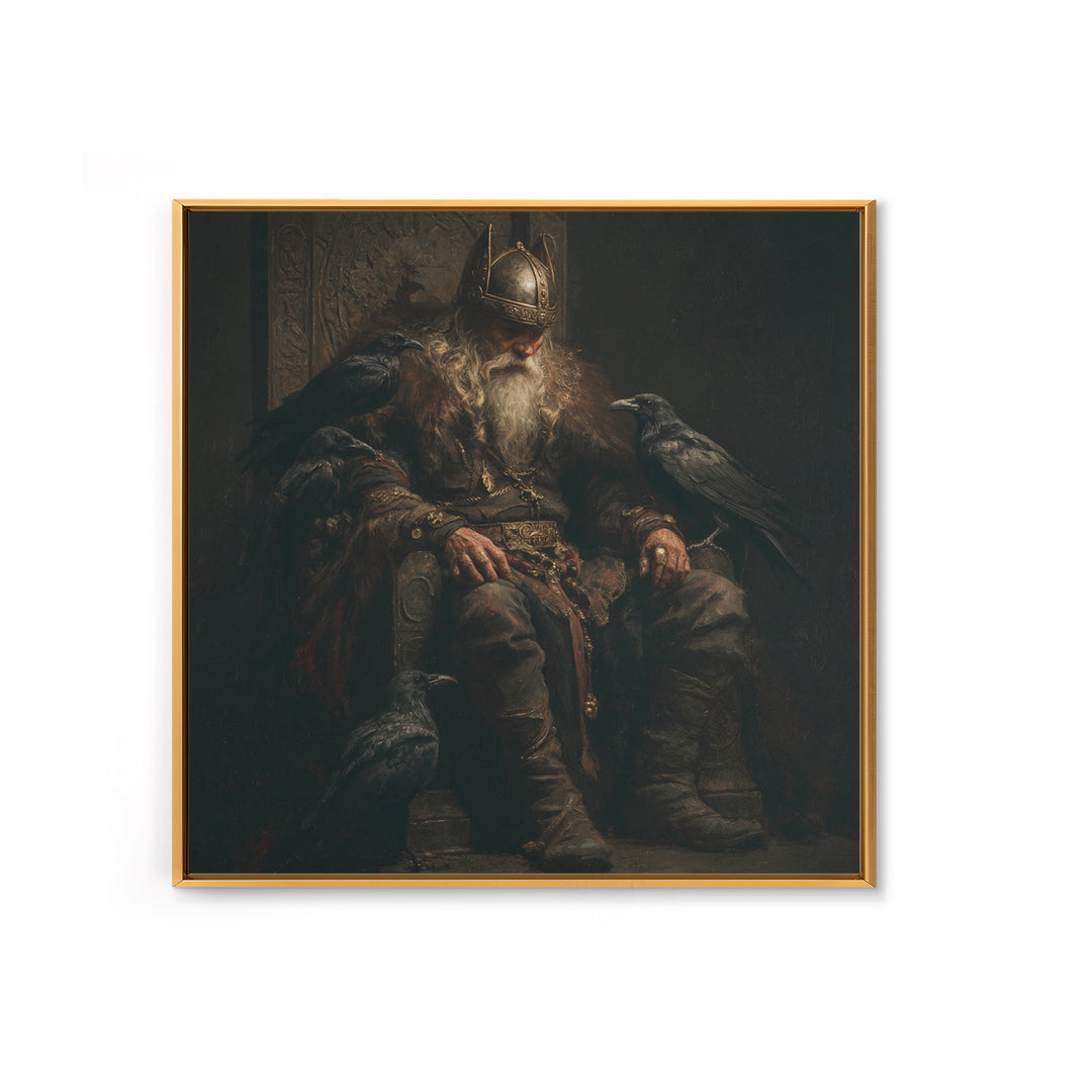 Viking King With Ravens Wall Art, Dark Academia Norse Portrait, Moody Medieval Oil Painting, Gothic Office Decor Gift For Him