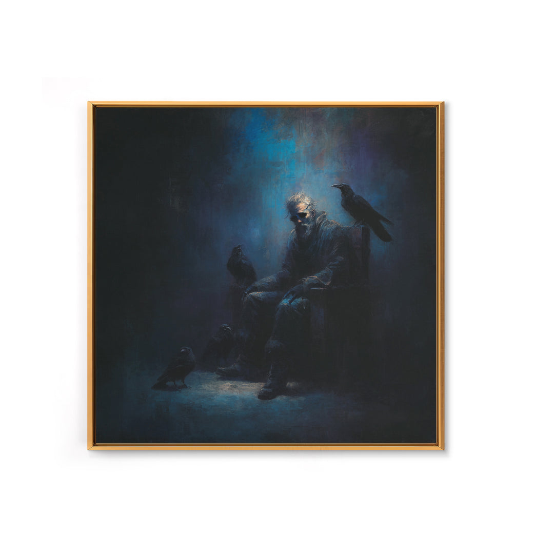Moody Raven Keeper Portrait Framed Canvas Print, Dark Academia Wall Art, Gothic Crow Oil Painting, Mysterious Office Decor