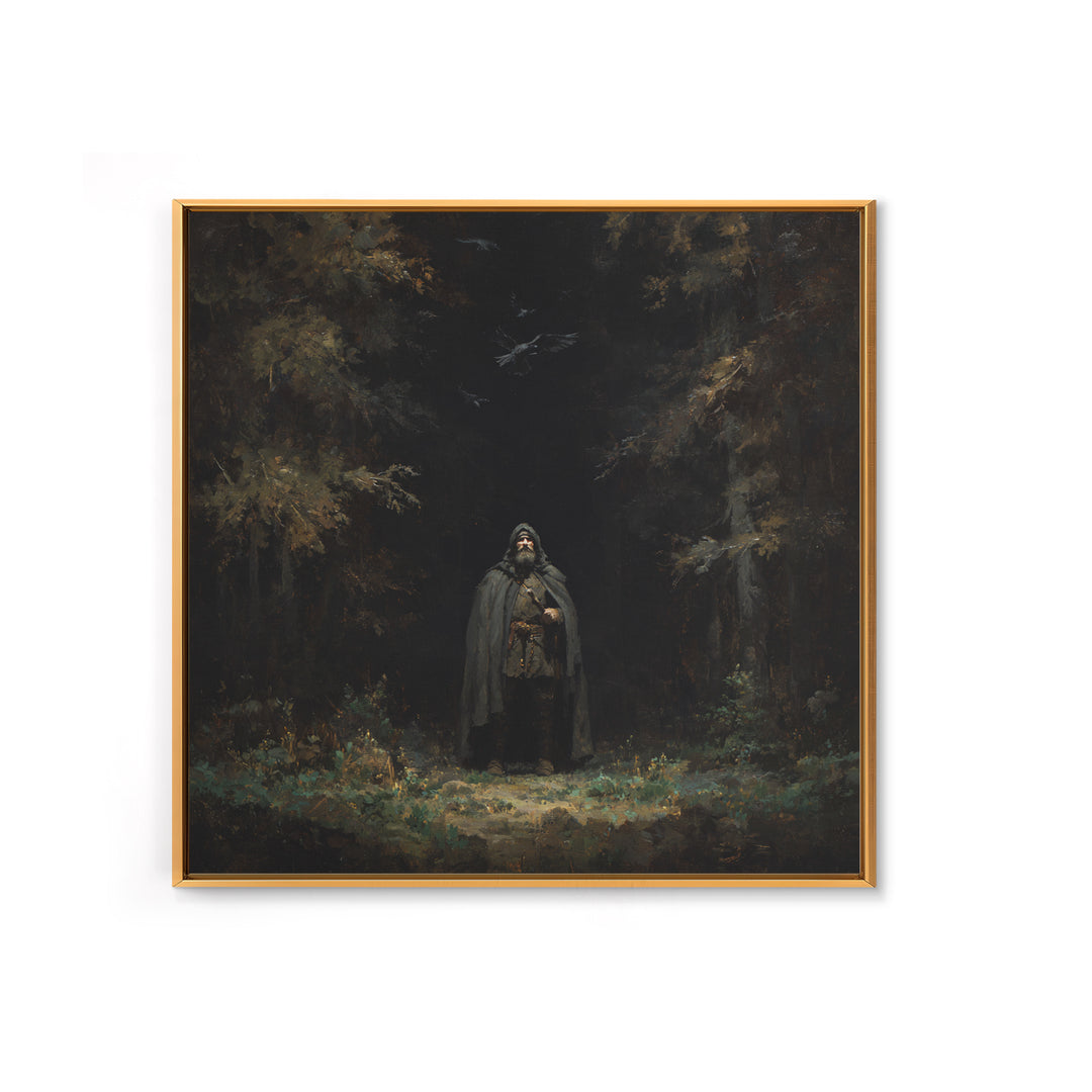 Hooded Wanderer In Dark Forest Wall Art, Raven Gothic Landscape Painting, Moody Fantasy Canvas Print For Dark Academia Decor