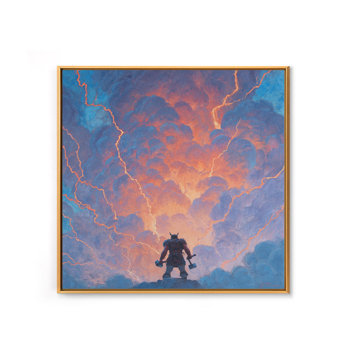 Thor Like Warrior Under Lightning Wall Art, Norse Mythology Storm Painting, Fantasy Canvas Print, Dramatic Game Room Decor