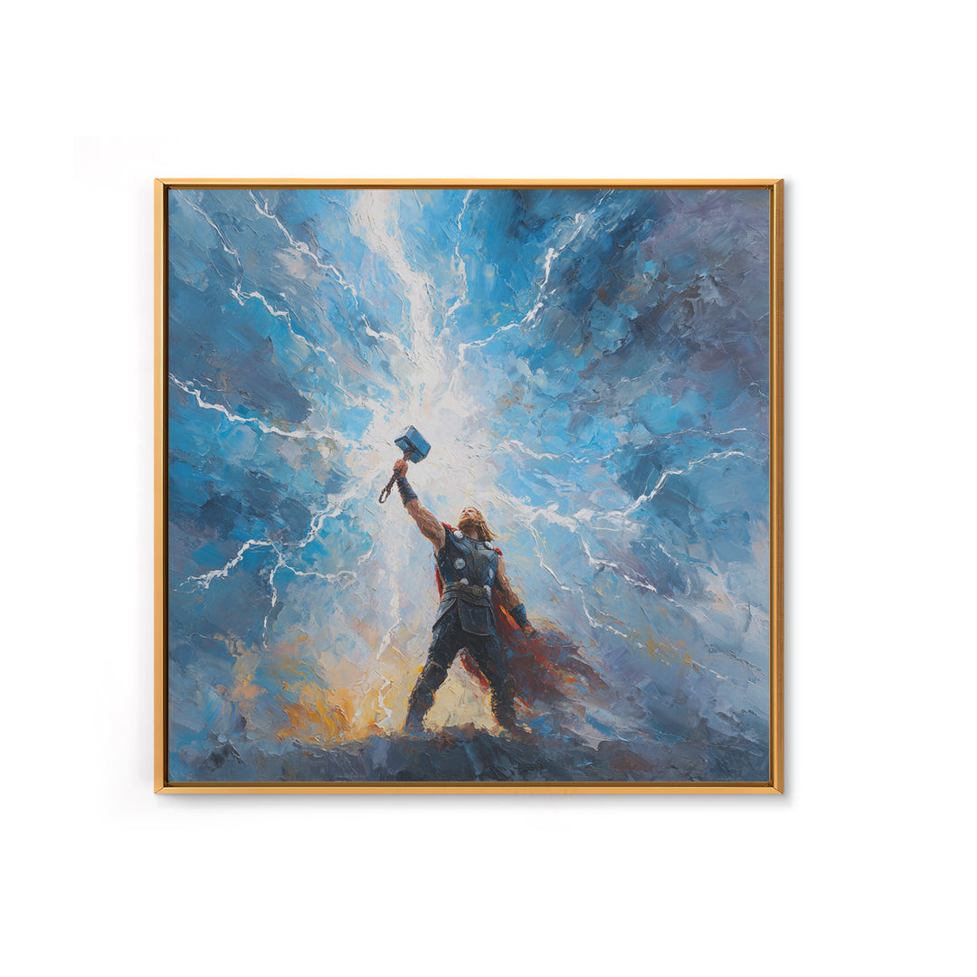Thunder God Raising Hammer Wall Art, Norse Mythology Canvas Print, Lightning Storm Oil Painting, Viking Decor Gift For Him