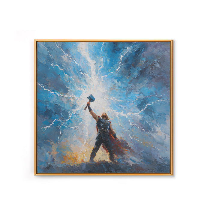 Thunder God Raising Hammer Wall Art, Norse Mythology Canvas Print, Lightning Storm Oil Painting, Viking Decor Gift For Him