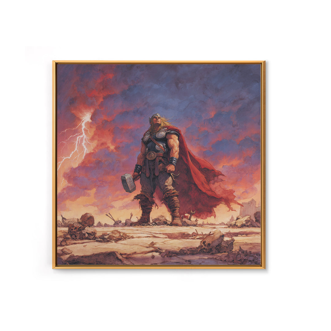 Thunder God With Hammer And Stormy Lightning Sky, Epic Viking Canvas Print, Norse Mythology Wall Art, Fantasy Warrior Decor