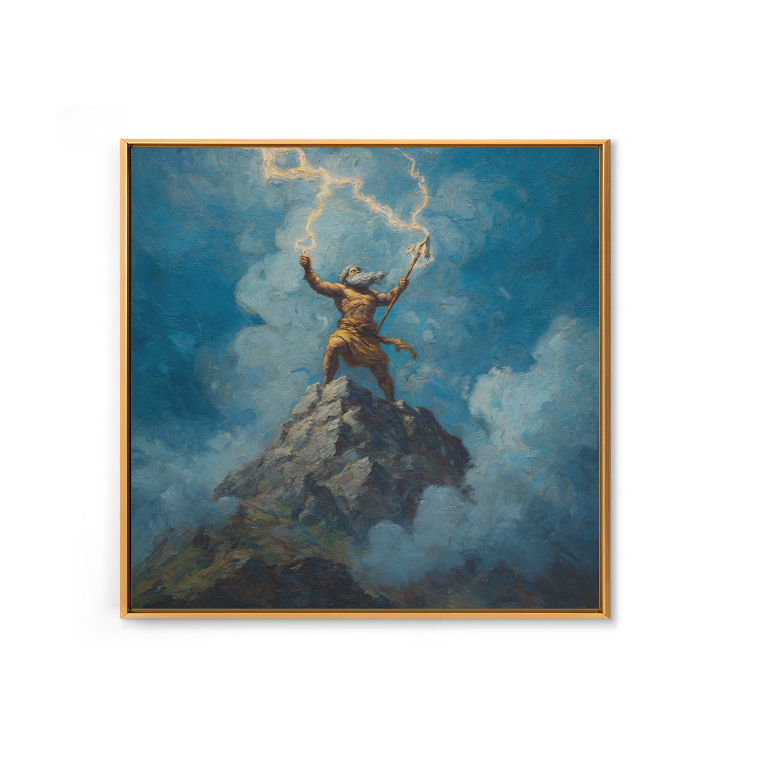 Thunder God Raising Lightning On Mountain Peak Wall Art, Mythological Art Print, Fantasy Art, Dramatic Office Decor, Gift