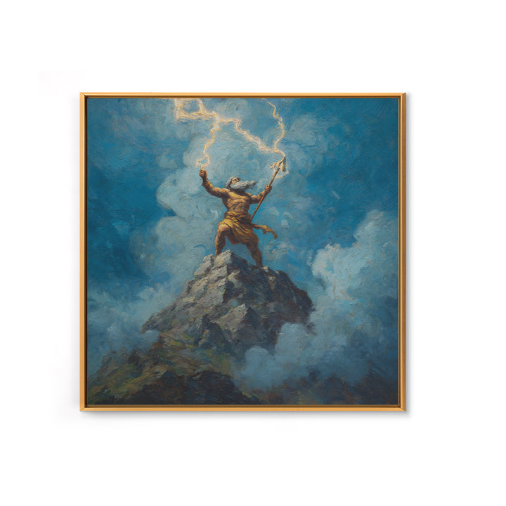 Thunder God Raising Lightning On Mountain Peak Wall Art, Mythological Art Print, Fantasy Art, Dramatic Office Decor, Gift