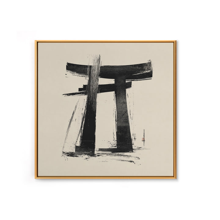 Minimalist Japanese Torii Gate Ink Painting Wall Art, Black And White Zen Decor Framed Canvas Print
