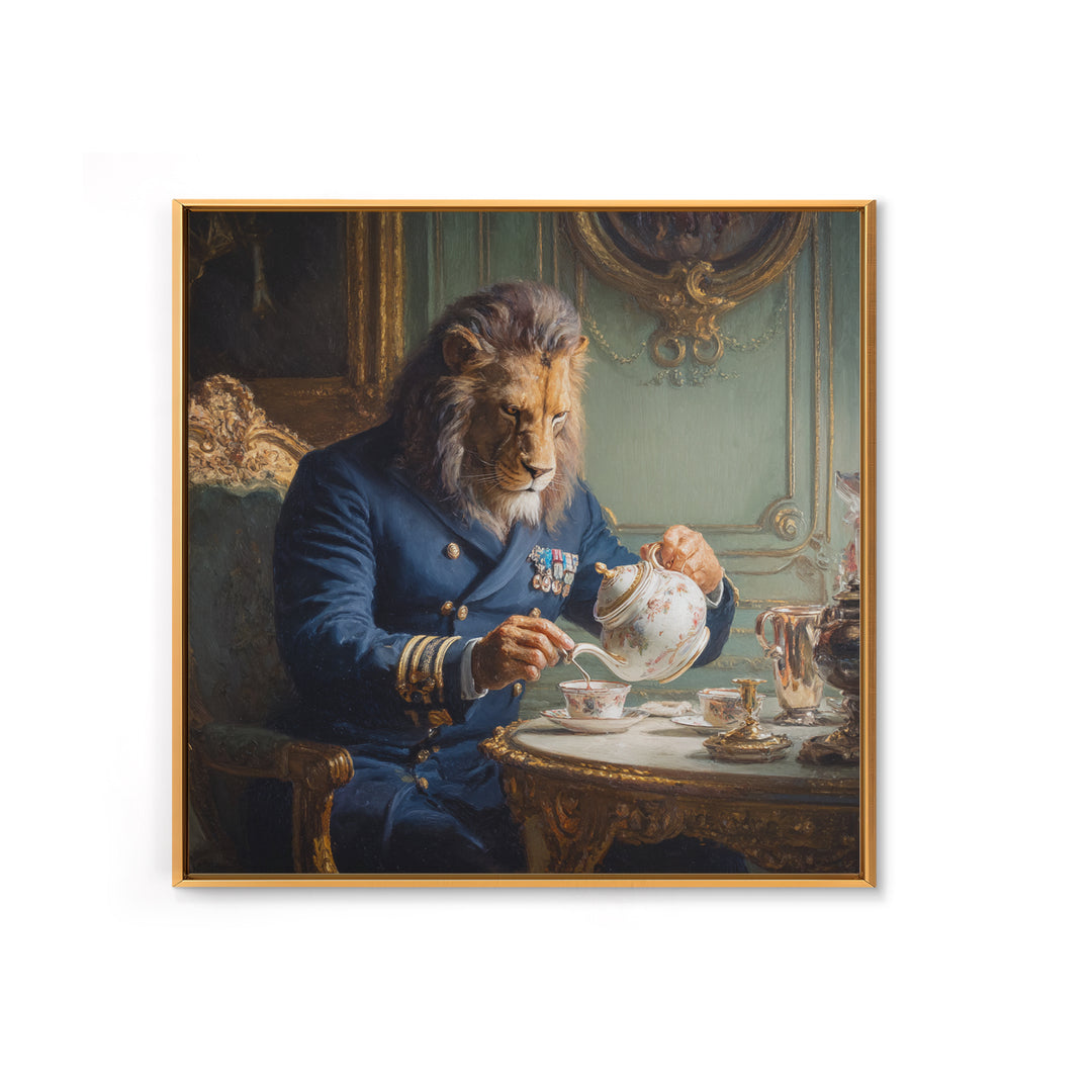 Lion Admiral Pouring Tea Wall Art, Whimsical Animal Portrait, Royal Navy Home Decor, Maximalist Canvas, Unique Gift For Him