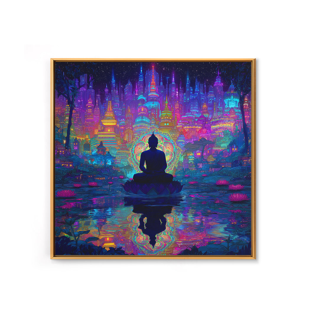 Neon Buddha Cityscape Meditation Wall Art, Spiritual Cyberpunk Canvas Print, Colorful Zen Meditation Room Decor