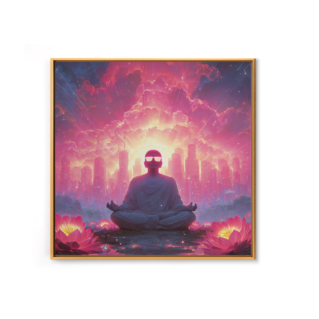 Neon Buddha Cityscape Meditation Wall Art, Psychedelic Lotus Sunset Canvas Print, Futuristic Spiritual Decor For Modern Living Room