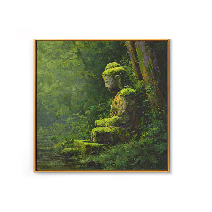 Serene Green Moss Covered Buddha Statue Wall Art Oil Painting Canvas Print For Peaceful Zen Home Decor And Meditation Room Wall