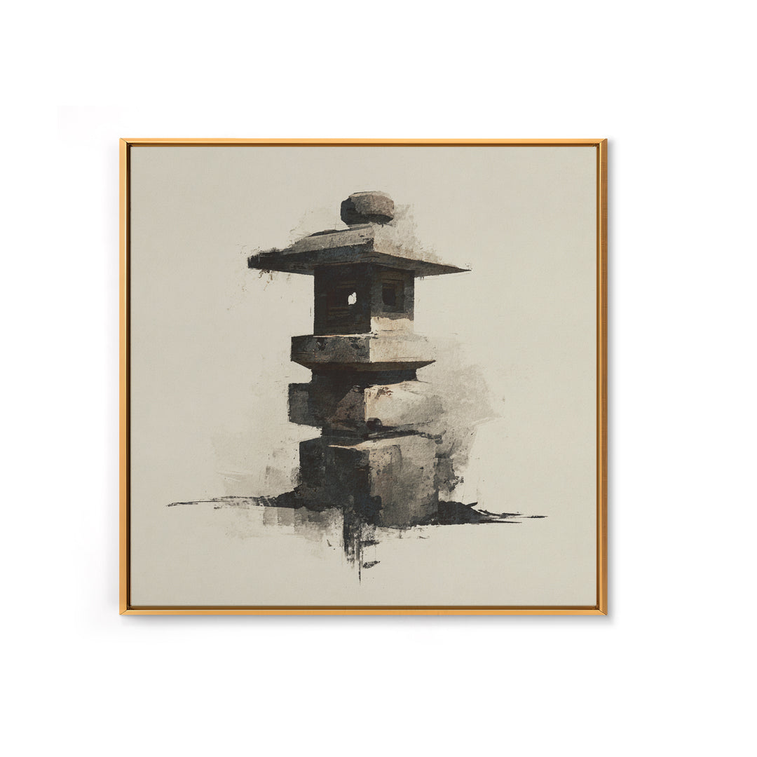 Minimal Japanese Stone Lantern Wall Art, Ink Style Zen Painting, Wabi Sabi Neutral Print For Japandi Home Decor And Entryway