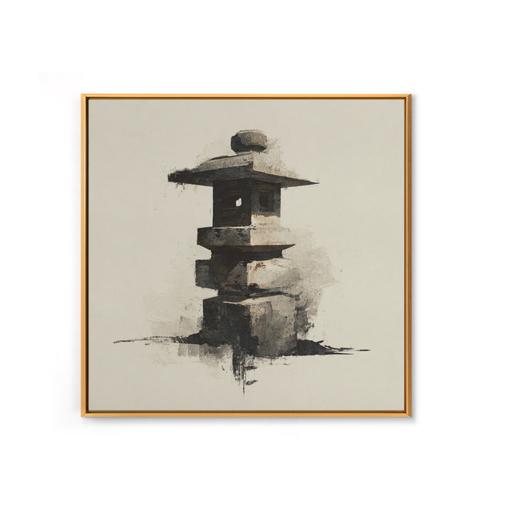 Minimal Japanese Stone Lantern Wall Art, Ink Style Zen Painting, Wabi Sabi Neutral Print For Japandi Home Decor And Entryway