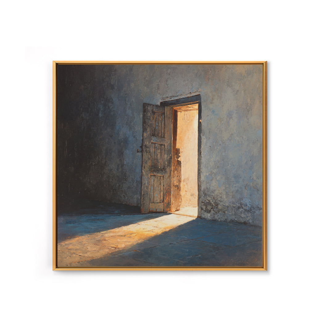 Sunlit Open Door Textured Wall Art Framed Canvas Print, Minimalist Rustic Decor, Moody Wall Art For Entryway Or Living Room