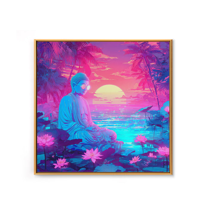 Neon Buddha Meditating By Futuristic Ocean Sunset Wall Art, Psychedelic Zen Lotus Canvas Print