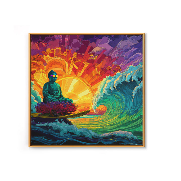 Psychedelic Surfing Buddha In Neon Sunset Waves Wall Art, Trippy Spiritual Canvas Print, Modern Boho Home Decor