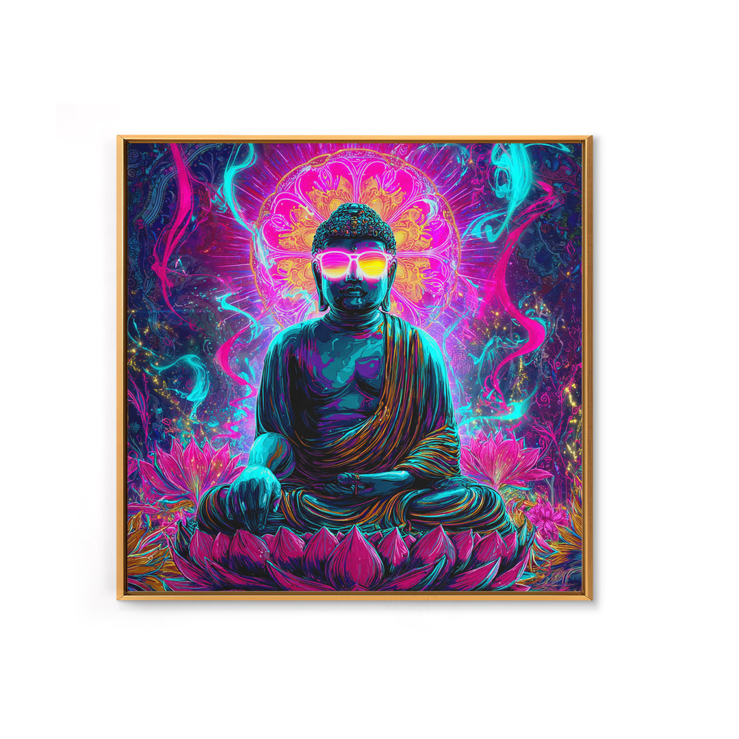 Neon Psychedelic Buddha Sitting On Lotus Flower Spiritual Wall Art Canvas Print Bright Vibrant Home Decor