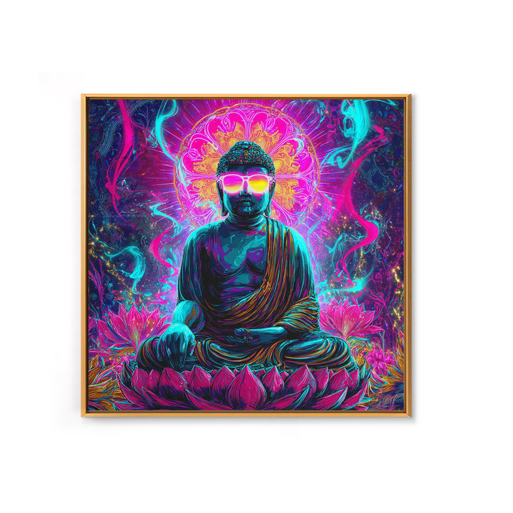 Neon Psychedelic Buddha Sitting On Lotus Flower Spiritual Wall Art Canvas Print Bright Vibrant Home Decor