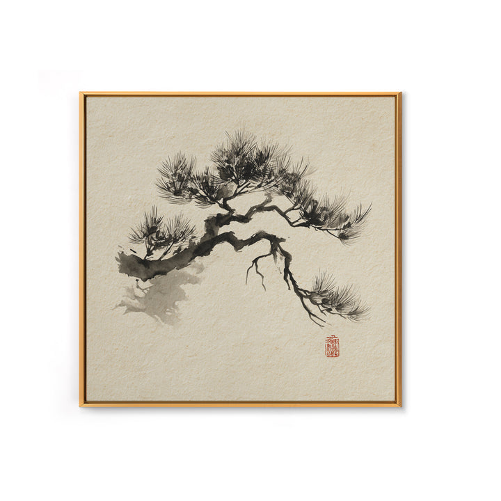 Japanese Ink Pine Tree Wall Art, Minimal Sumi E Landscape Framed Canvas Print, Wabi Sabi Zen Decor For Calm Modern Home Or Office