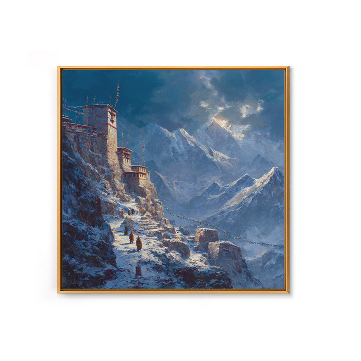 Himalayan Monastery Mountain Snow Wall Art, Dramatic Winter Landscape Canvas Print, Moody Travel Home Decor