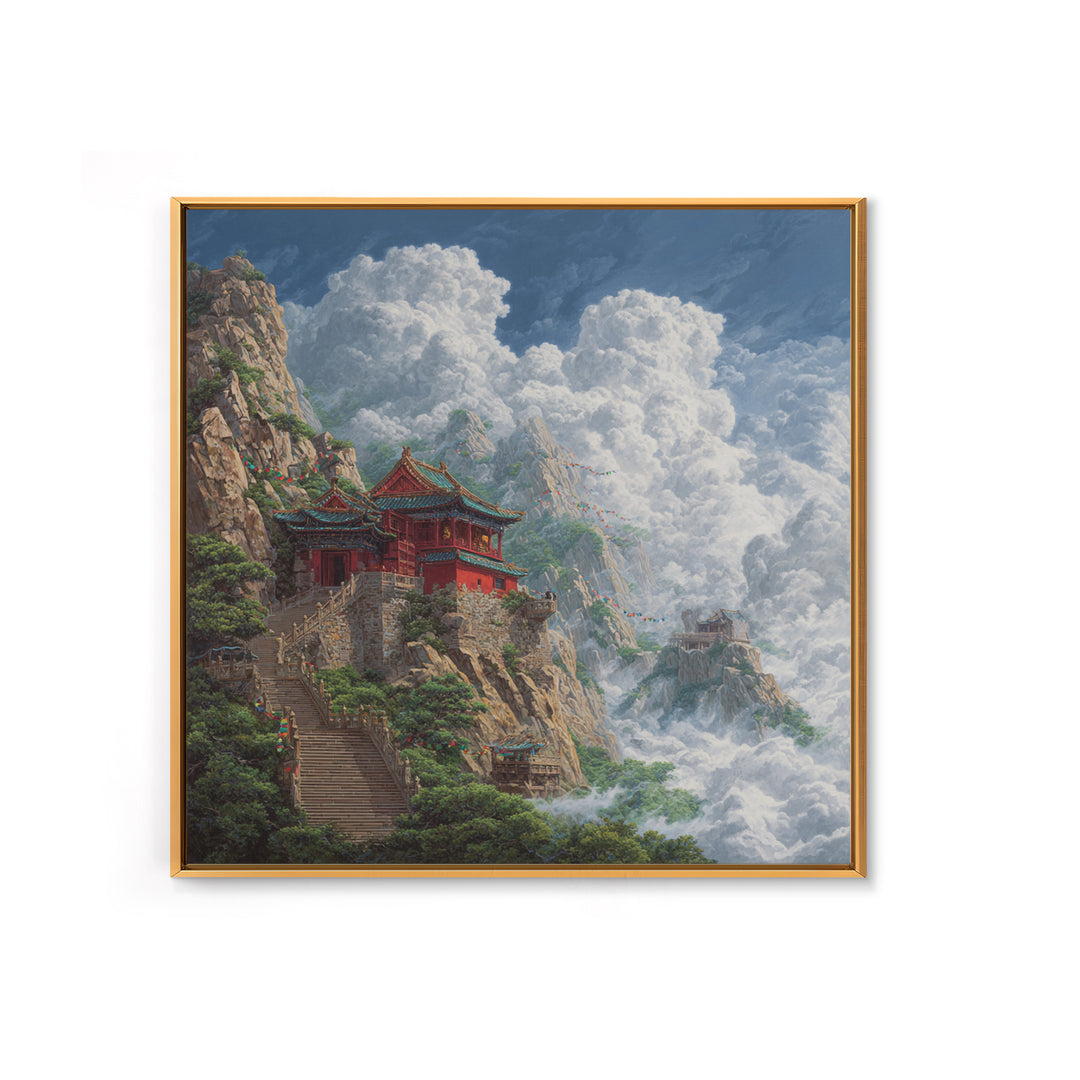 Temple Above The Clouds Fantasy Mountain Landscape Wall Art, Asian Inspired Nature Home Decor, Large Canvas Print