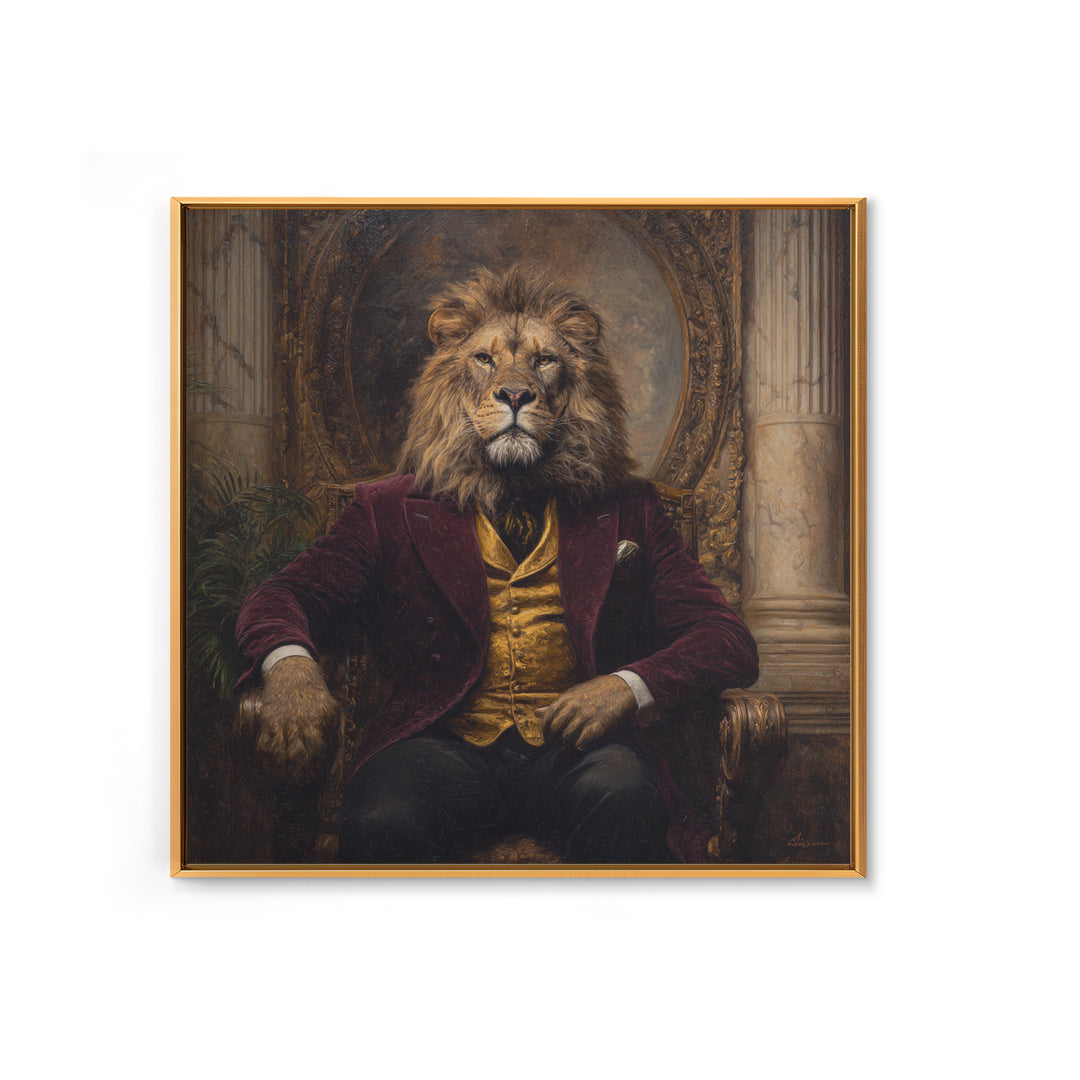Majestic Lion In Burgundy Suit Framed Canvas Print, Victorian Animal Portrait, Dark Academia Office Decor, Luxury Wall Decor