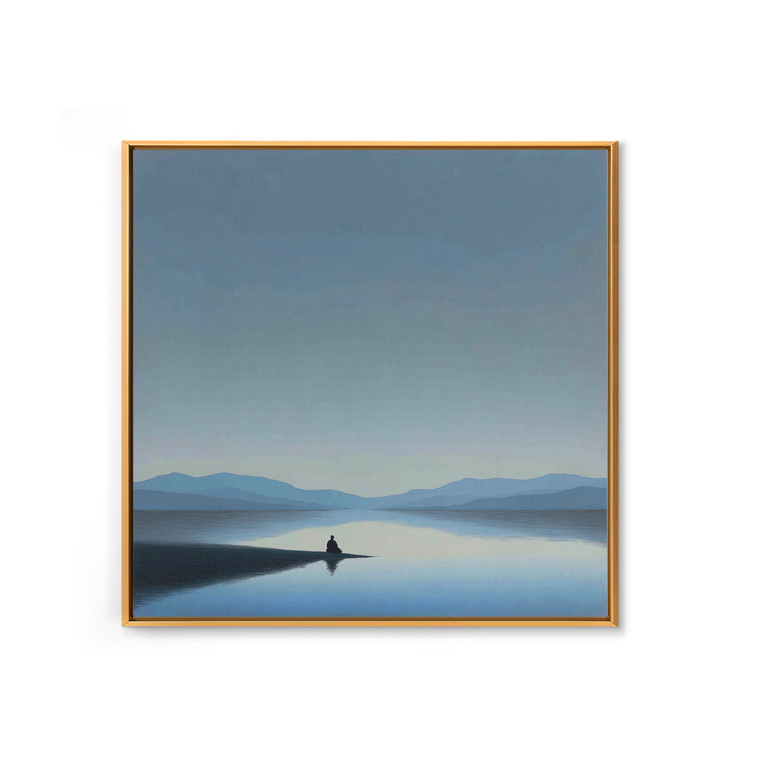 Minimalist Lake Meditation Landscape Wall Art, Calming Blue Mountains Canvas Print, Modern Living Room Decor Artwork