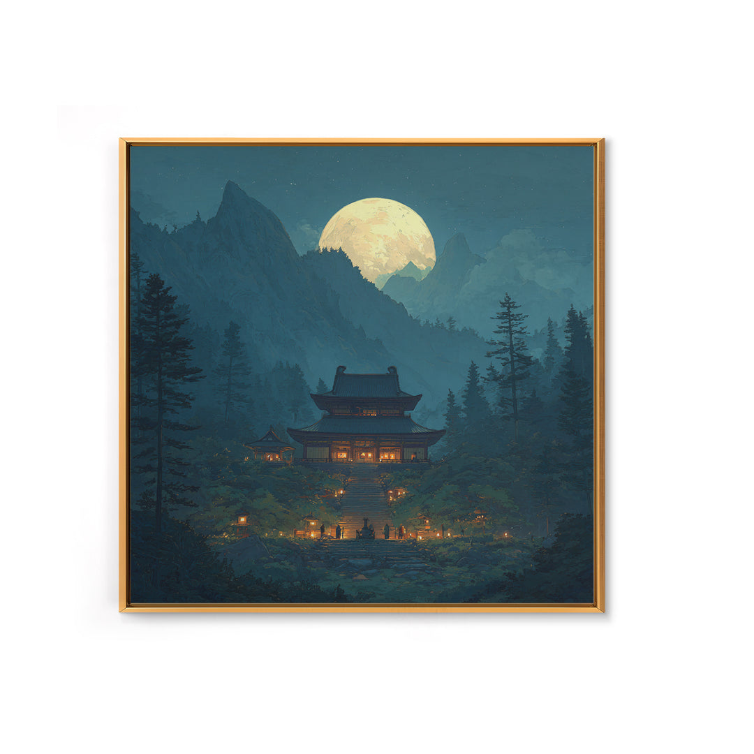 Moonlit Mountain Temple Landscape Wall Art Large Framed Canvas Print For Zen Meditation Room And Mystical Home Decor
