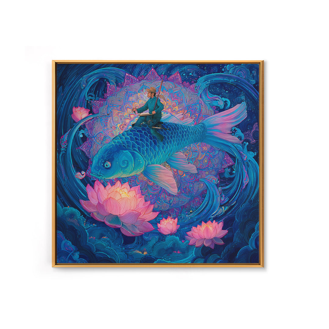Surreal Fisherman Riding Koi Fantasy Art Wall Art, Celestial Mandala Canvas Print, Mystical Ocean Decor Whimsical Illustration