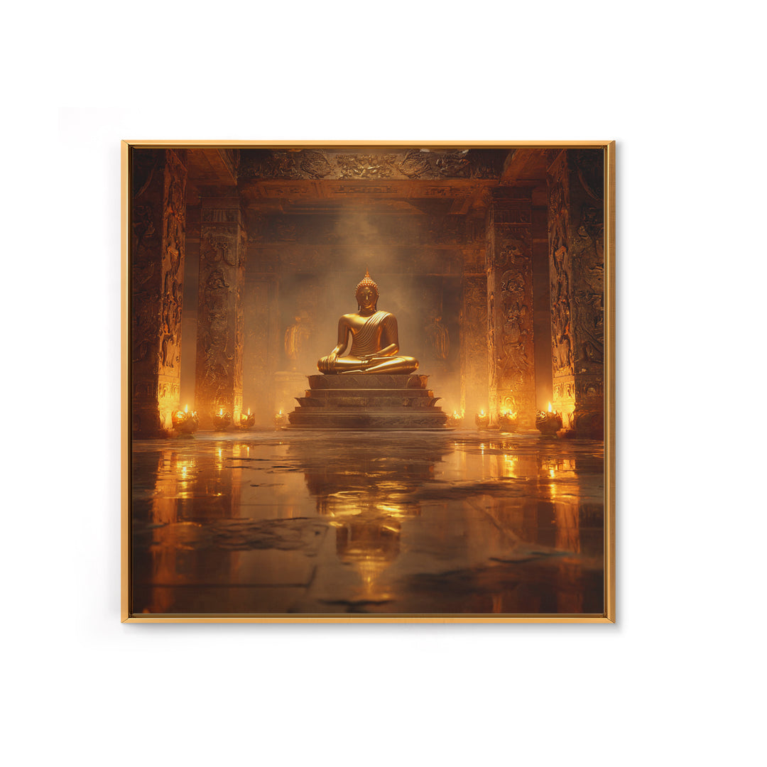 Golden Buddha Temple Wall Art, Serene Zen Statue Framed Canvas Print, Meditation Room Decor, Spiritual Asian Inspired Home Decor