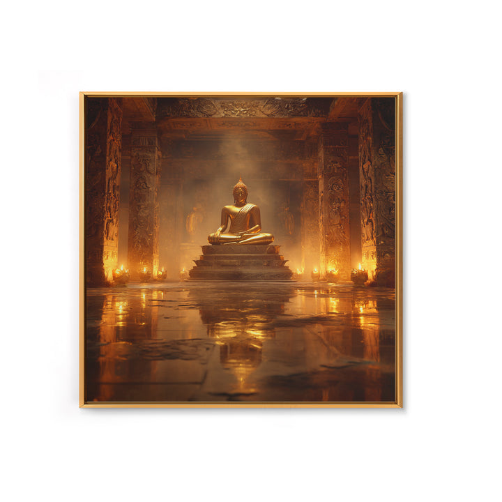 Golden Buddha Temple Wall Art, Serene Zen Statue Framed Canvas Print, Meditation Room Decor, Spiritual Asian Inspired Home Decor