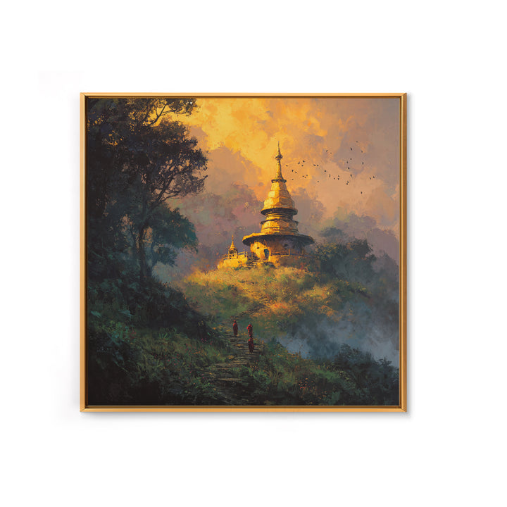 Golden Temple On Hill With Monks Walking Misty Path Wall Art Framed Canvas Print For Spiritual Home Decor