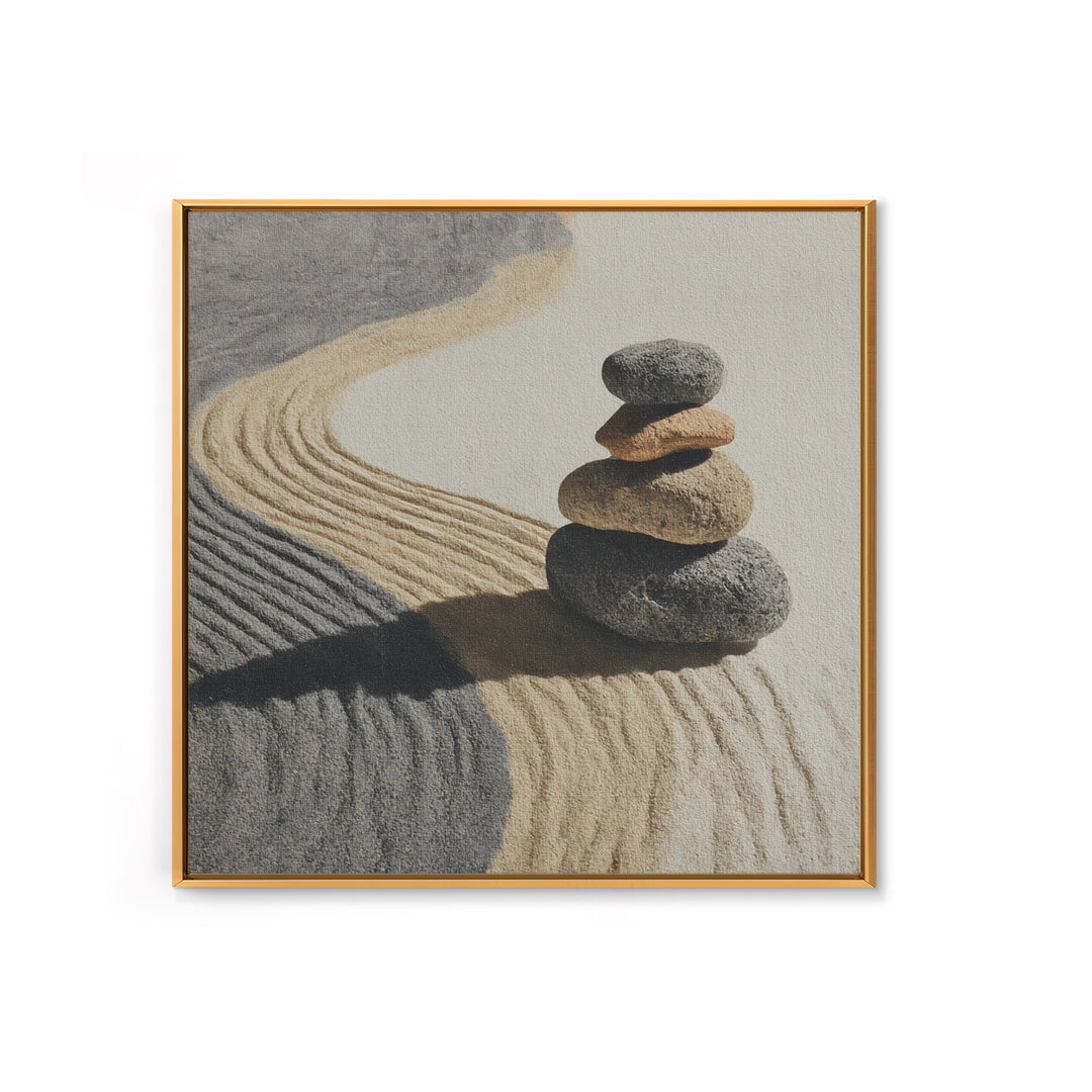Zen Stones In Raked Sand Minimalist Wall Art, Neutral Abstract Canvas Print For Calming Modern Home Decor Living Room