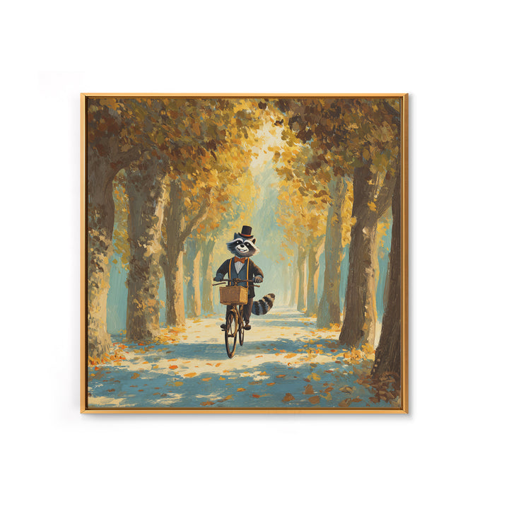 Whimsical Raccoon Riding Bicycle Wall Art, Cozy Autumn Woodland Animal Painting, Storybook Nursery Decor, Cute Kids Room Art