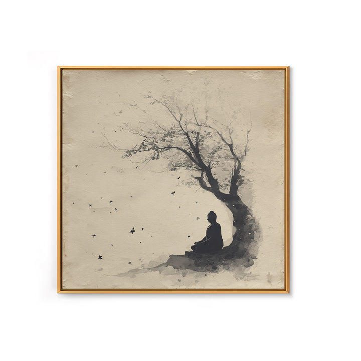 Calm Minimalist Ink Style Buddha Silhouette Under Tree Tranquil Wall Art Canvas Print Meditation Room Décor